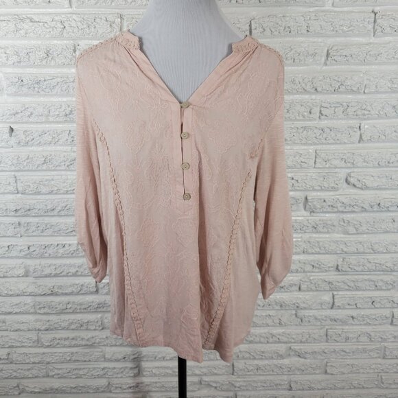 Democracy Womens Top XL Roll Tab 3/4 Sleeve Pink Embroidered Ric Rac PIN35E - Picture 1 of 9